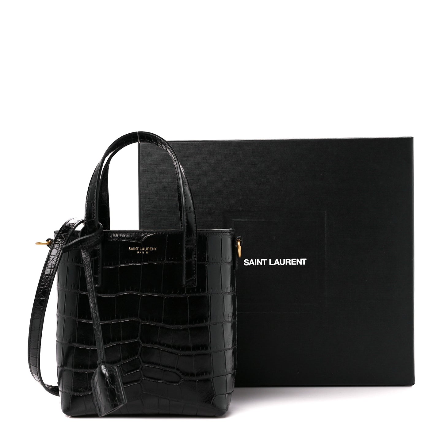 Calfskin Crocodile Embossed Paris Mini Toy Shopper Tote Black