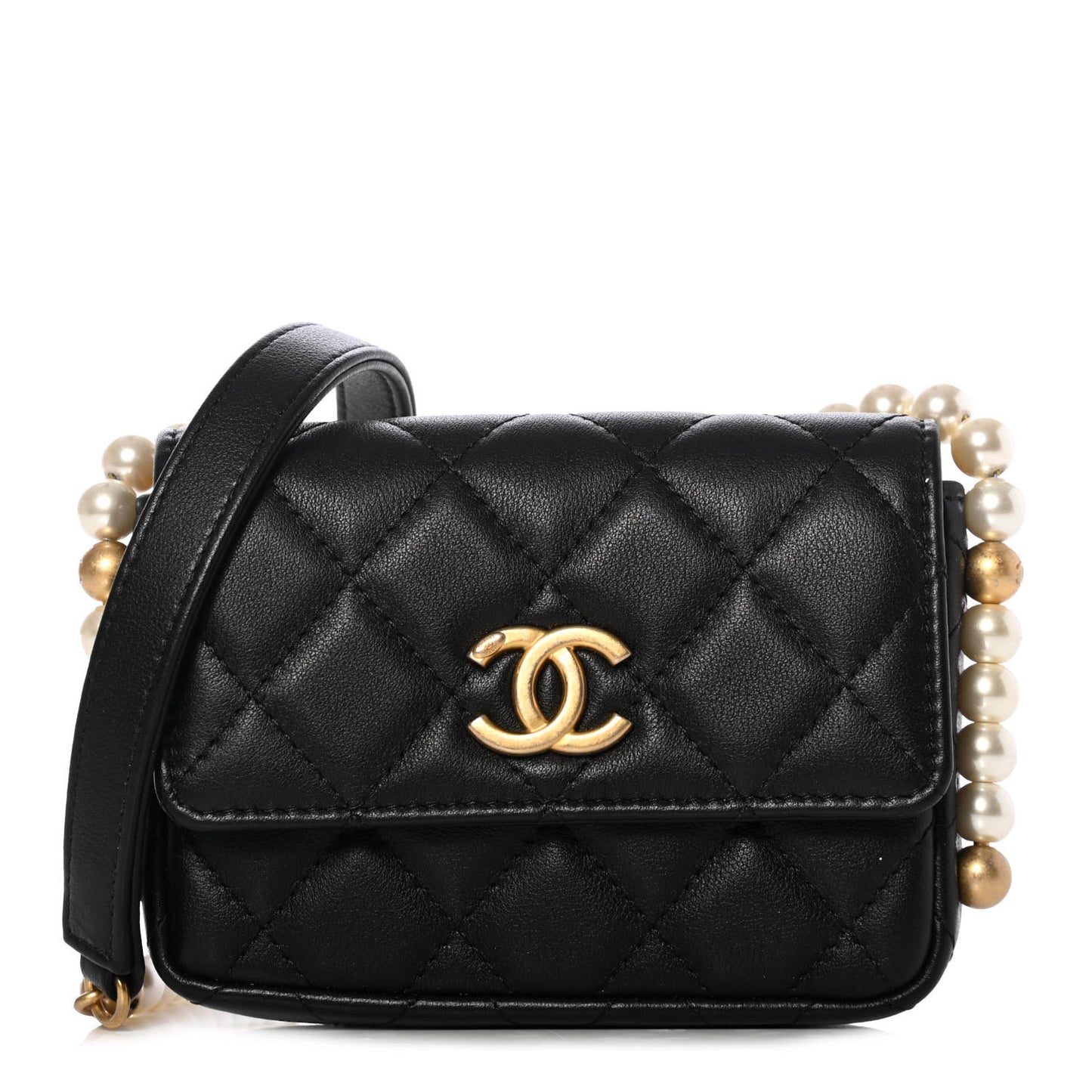 Calfskin Quilted About Pearls Card Holder Flap With Chain Black