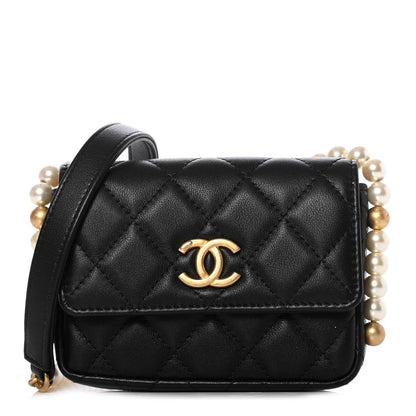 Chanel Calfskin Quilted About Pearls Card Holder Flap With Chain Black 1 of 12