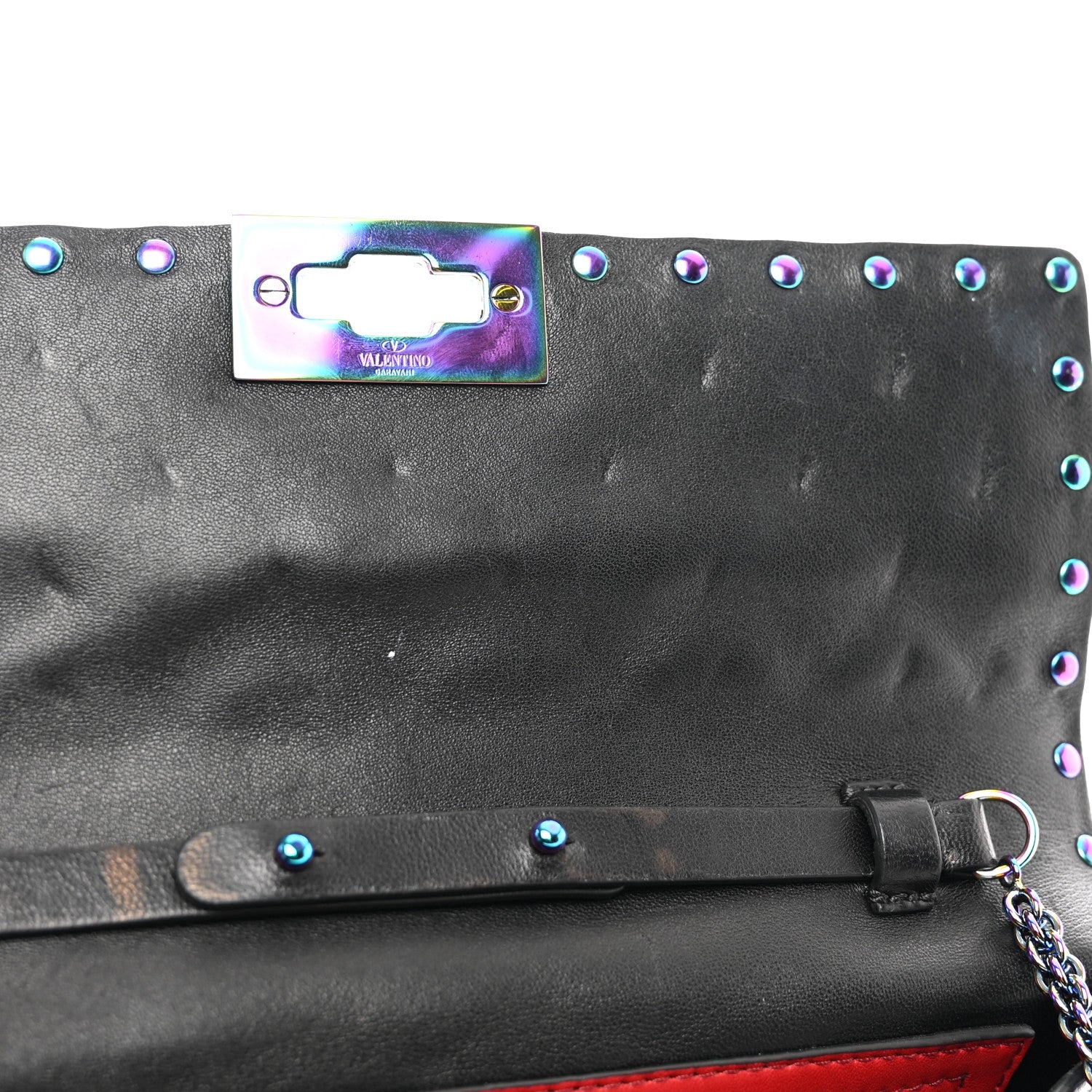 Valentino Garavani Lambskin Oil Slick Rockstud Spike Wallet on Chain Black 14 of 15
