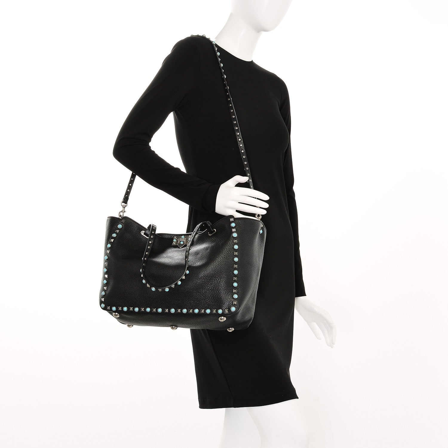 Valentino Garavani Grained Calfskin Turquoise Medium Rockstud Rolling Tote Black 2 of 7