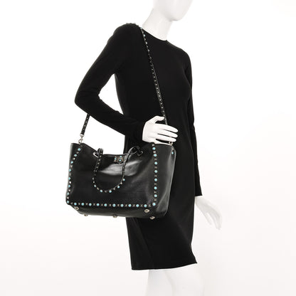Valentino Garavani Grained Calfskin Turquoise Medium Rockstud Rolling Tote Black 2 of 7