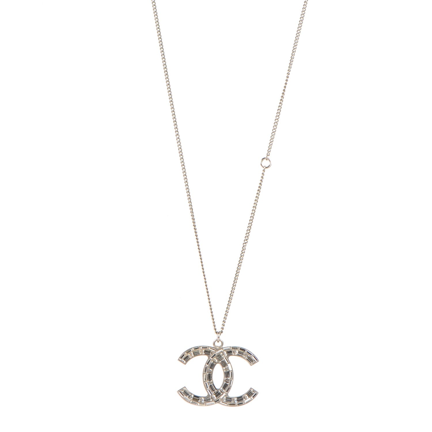 Chanel Baguette Crystal Glitter Large CC Necklace Silver 1 of 5