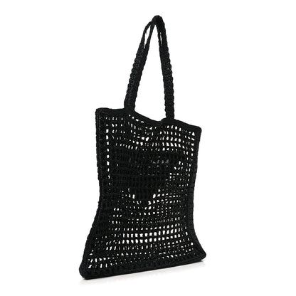 Prada Yarn Raffia Effect Crochet Logo Embroidered Tote Bag Black 3 of 10