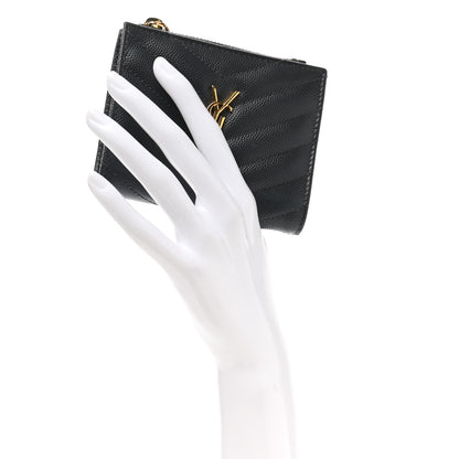 Saint Laurent Grain De Poudre Matelasse Chevron Monogram Zipped Card Case Dark Smog 2 of 8
