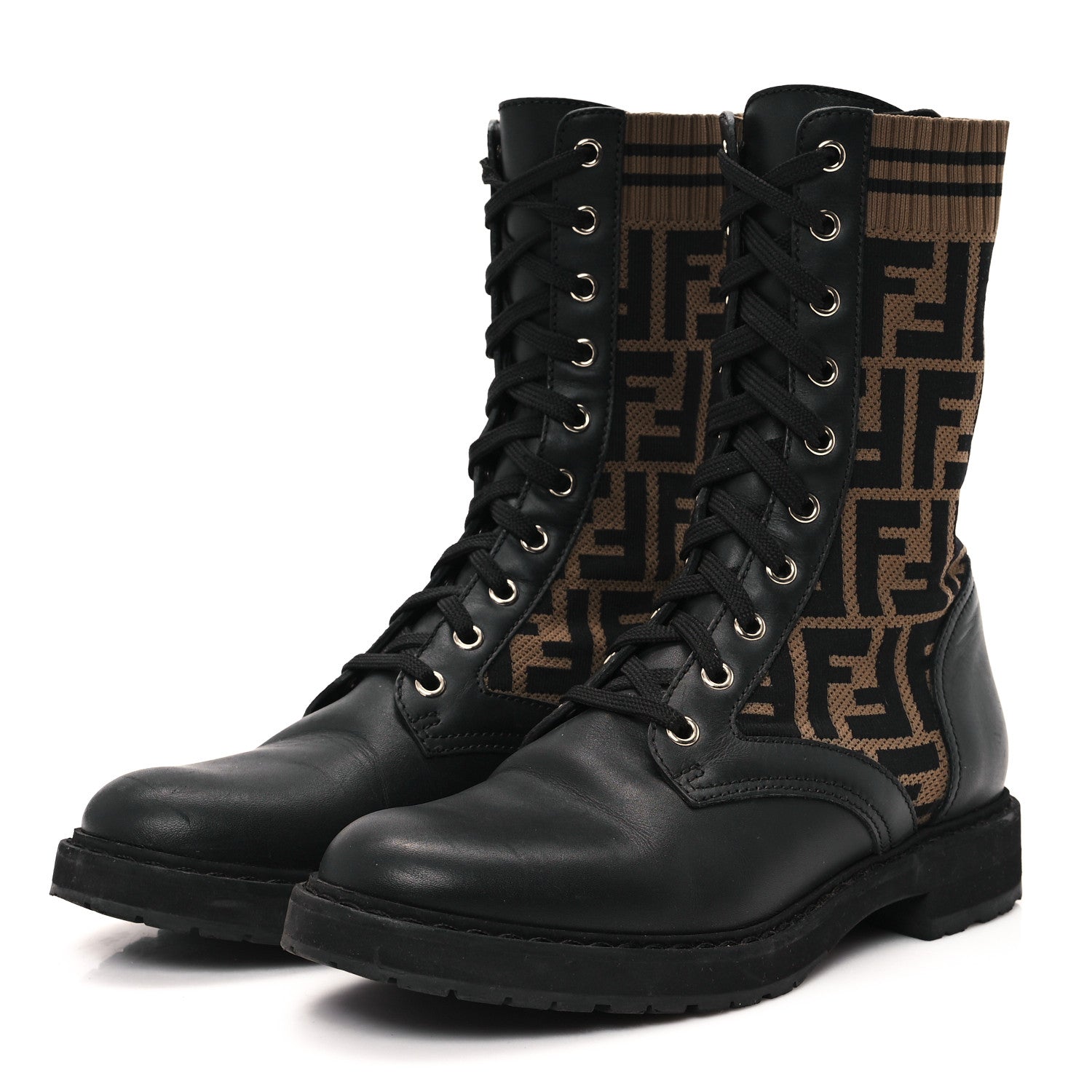 Fendi Calfskin Stretch Fabric FF Rockoko Biker Boots 37.5 Black Tobacco 4 of 7