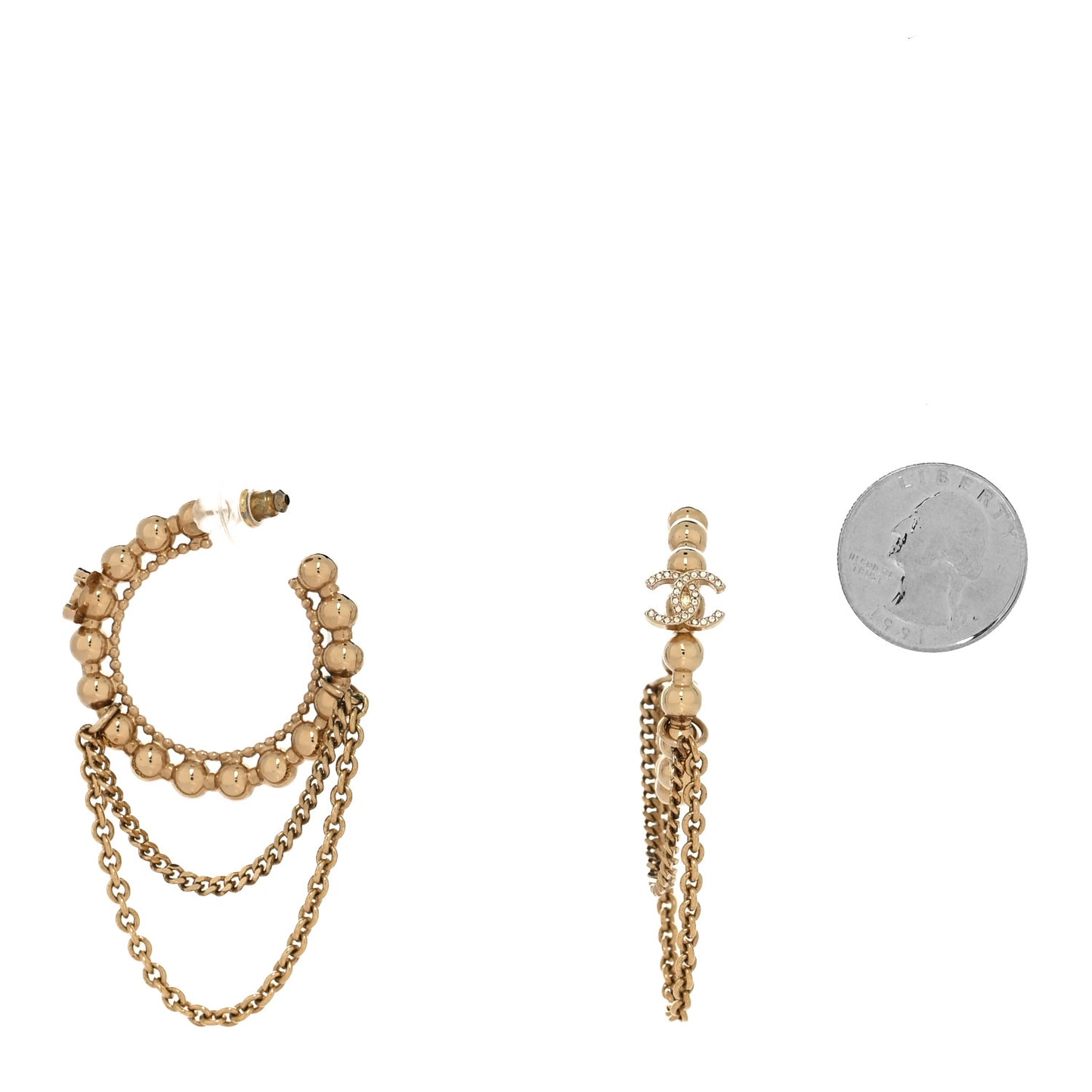 Metal Crystal Bead Chain CC Hoop Earrings Gold