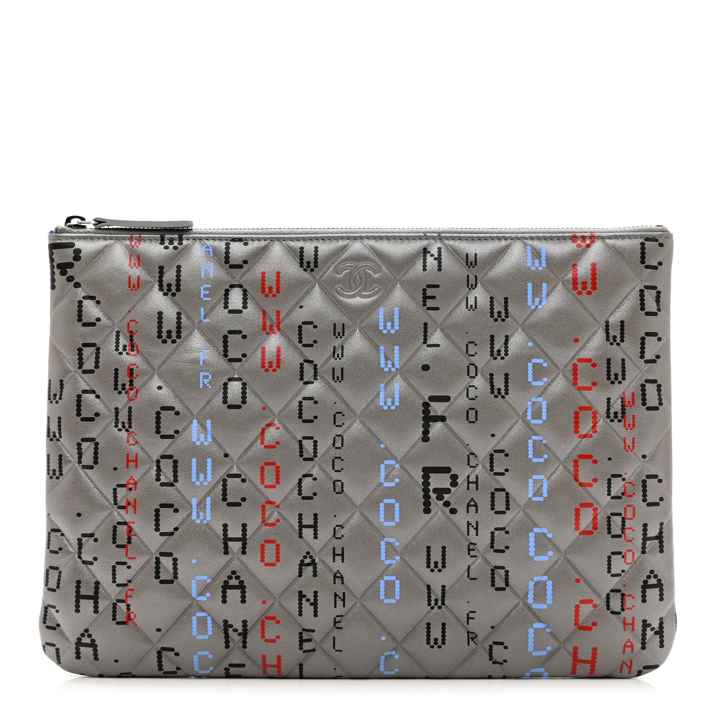 Metallic Lambskin Quilted Large Data Center Cosmetic Case Silver