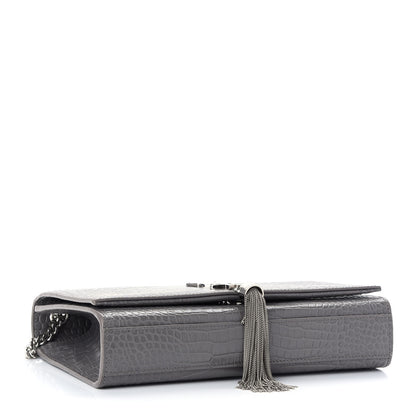 Saint Laurent Calfskin Crocodile Embossed Medium Classic Monogram Kate Tassel Satchel Fog 3 of 7