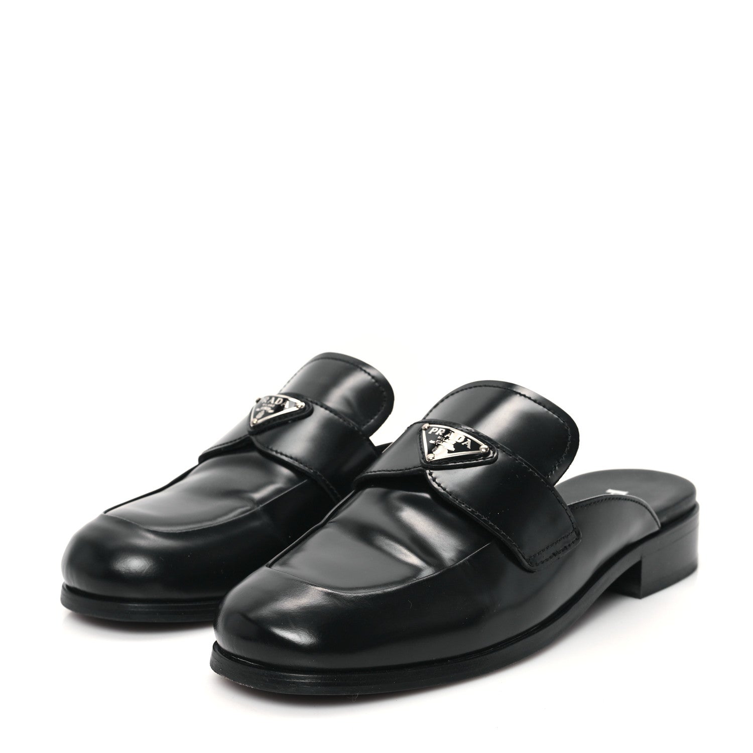 Prada City Calfskin Metal Triangle Logo 20mm Flat Mules 37 Black 4 of 9