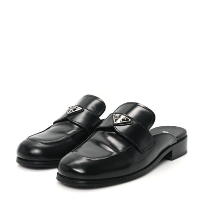 Prada City Calfskin Metal Triangle Logo 20mm Flat Mules 37 Black 4 of 9