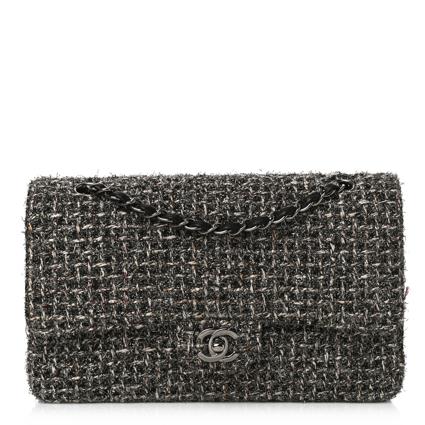 Metallic Tweed Medium Double Flap Black White