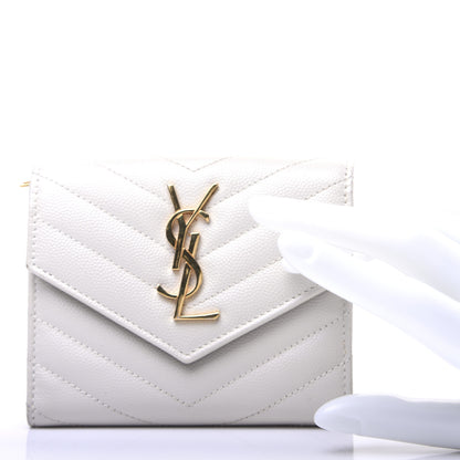 Saint Laurent Grain De Poudre Matelasse Chevron Monogram Compact Tri Fold Wallet Crema Soft 2 of 8