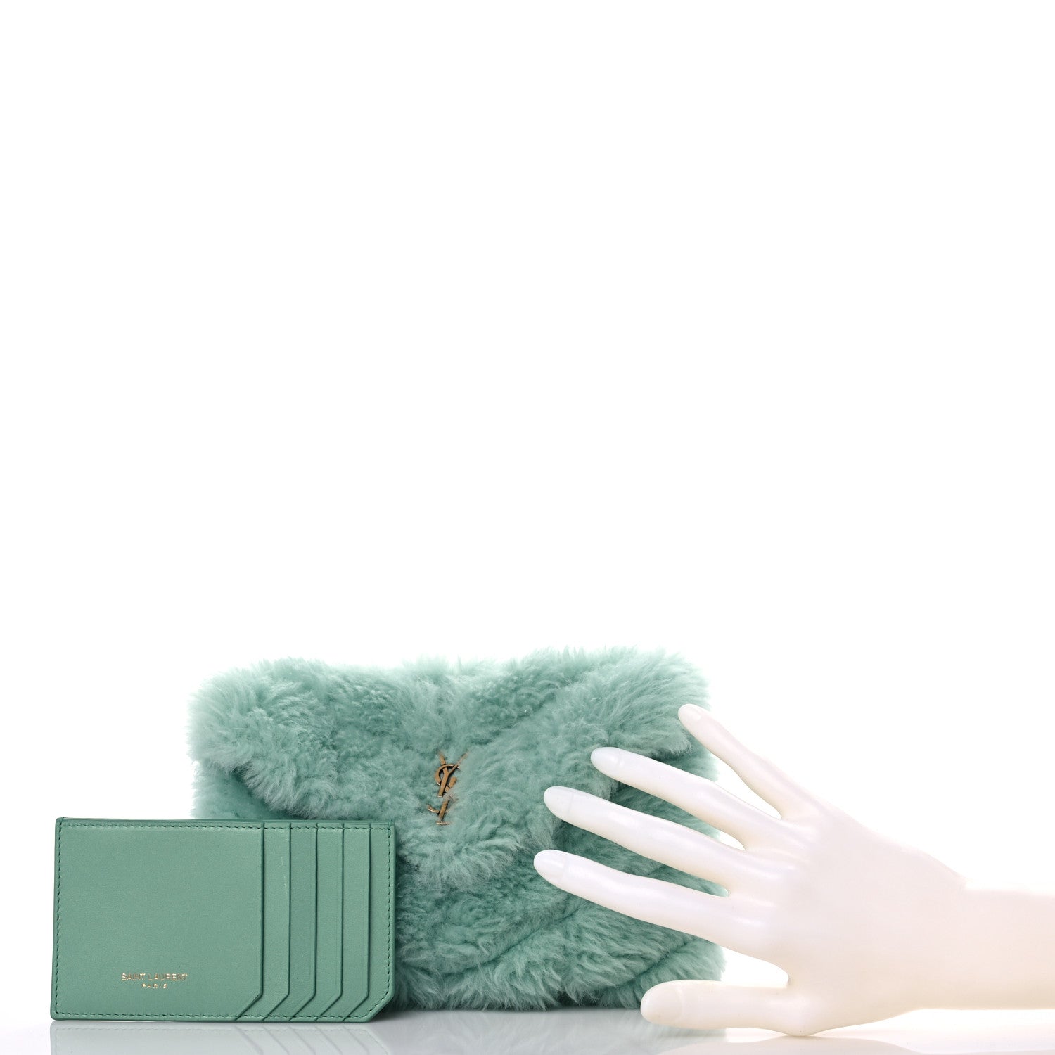 Saint Laurent Shearling Quilted Monogram Loulou Puffer Pouch Clutch Iced Mint 3 of 11