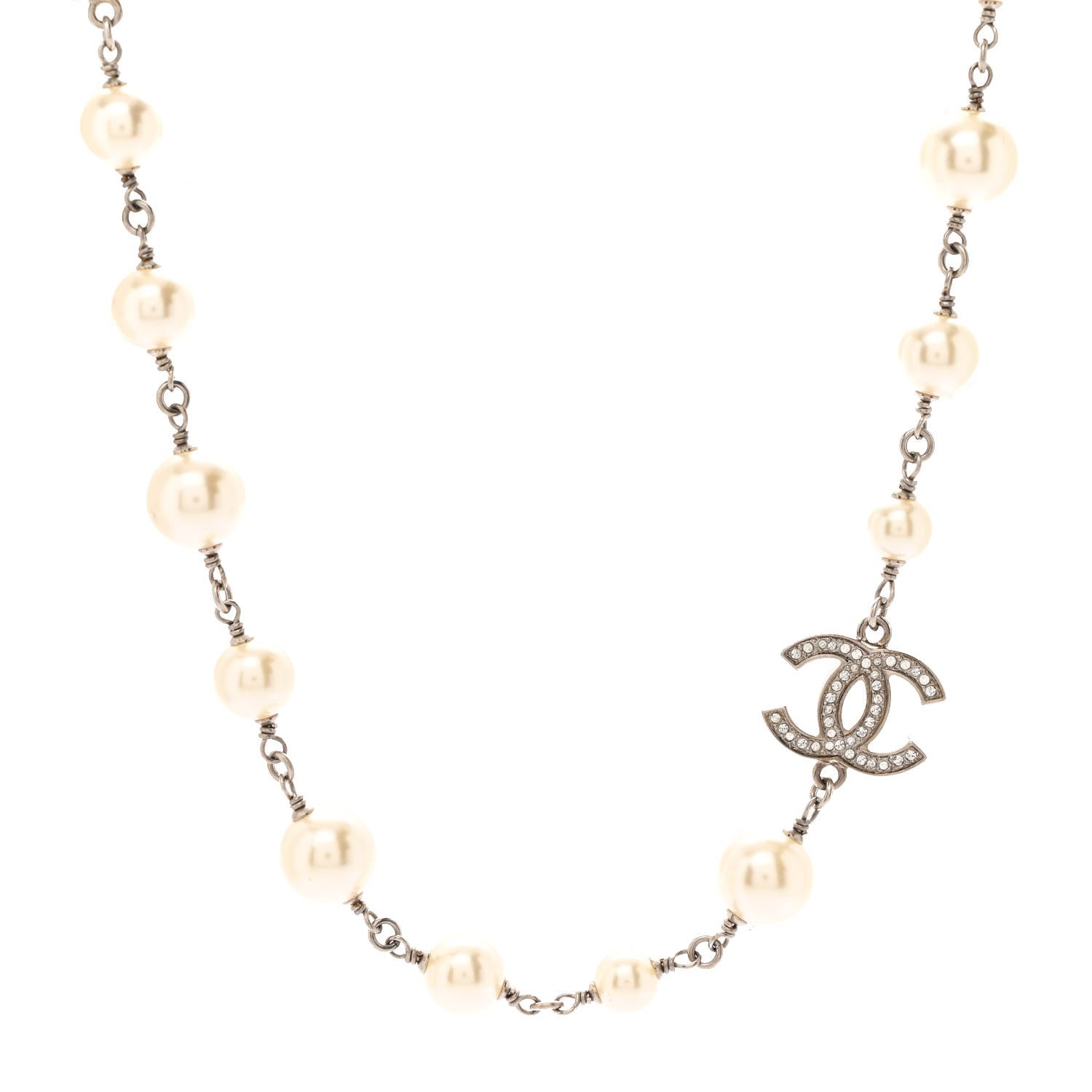 Chanel Crystal Pearl CC Long Necklace Silver 4 of 7