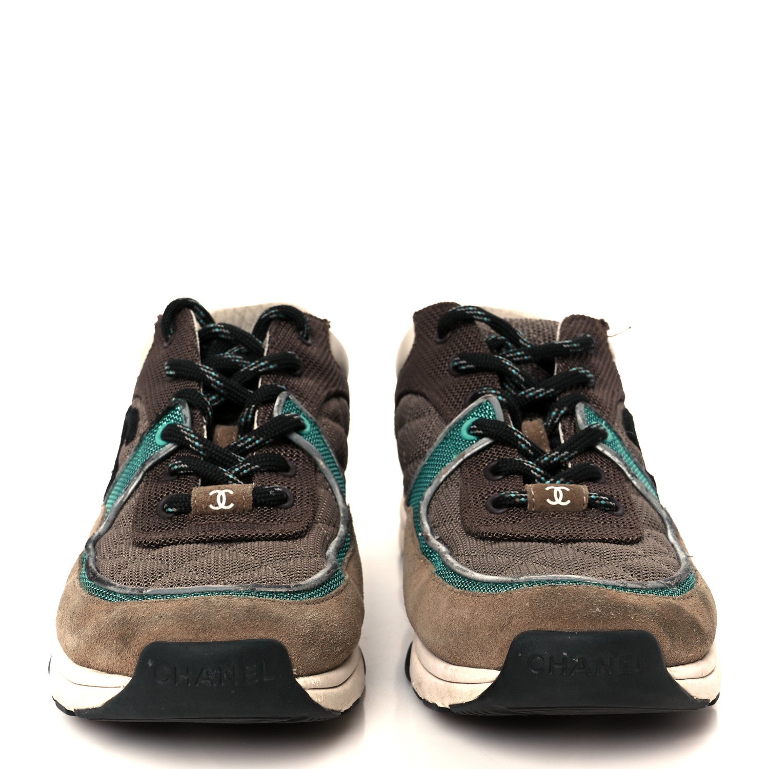 Chanel Nylon Calfskin Suede Womens CC Sneakers 37.5 Brown Green 2 of 11