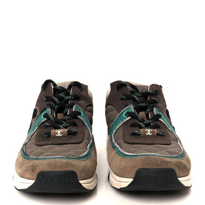 Chanel Nylon Calfskin Suede Womens CC Sneakers 37.5 Brown Green 2 of 11