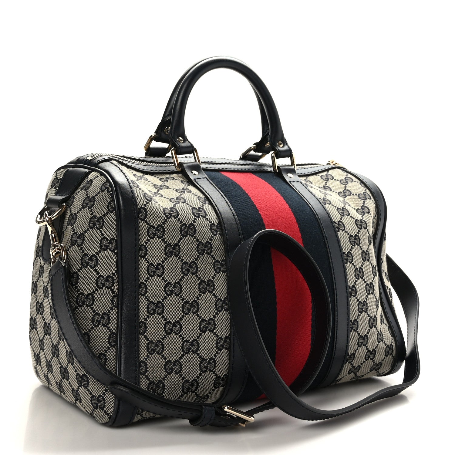 Gucci Monogram Selleria Calfskin Vintage Web Medium Boston Beige Blue 3 of 11