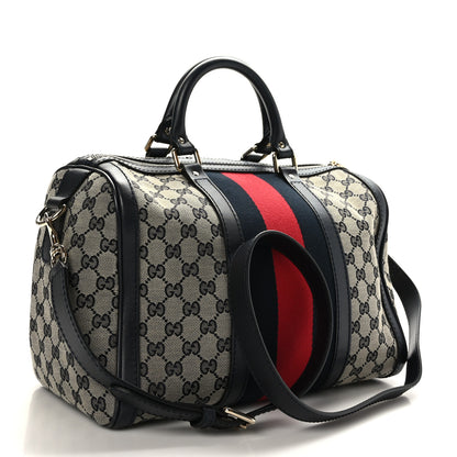 Gucci Monogram Selleria Calfskin Vintage Web Medium Boston Beige Blue 3 of 11