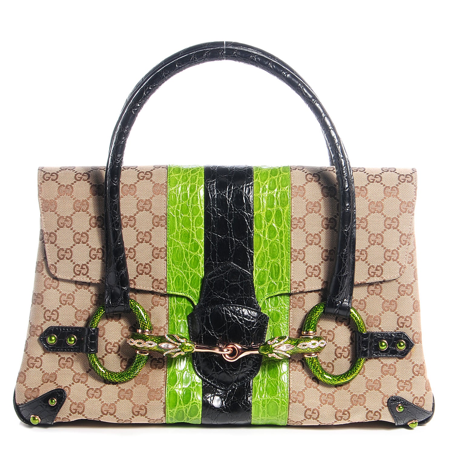 Gucci Crocodile Web Monogram Tom Ford Dragon Tote Dark Brown Green 1 of 7
