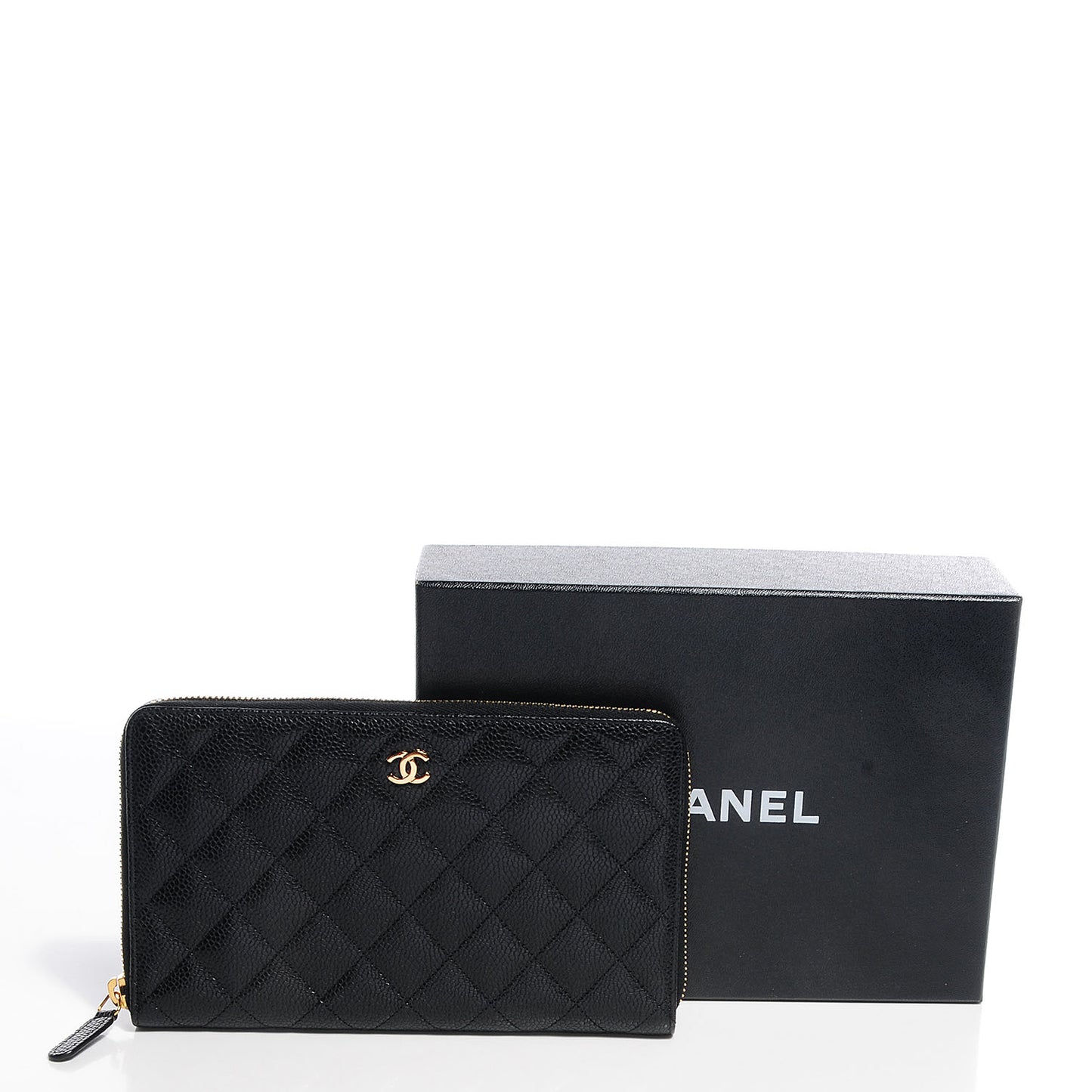 Caviar Quilted Large Zip Around Wallet Black