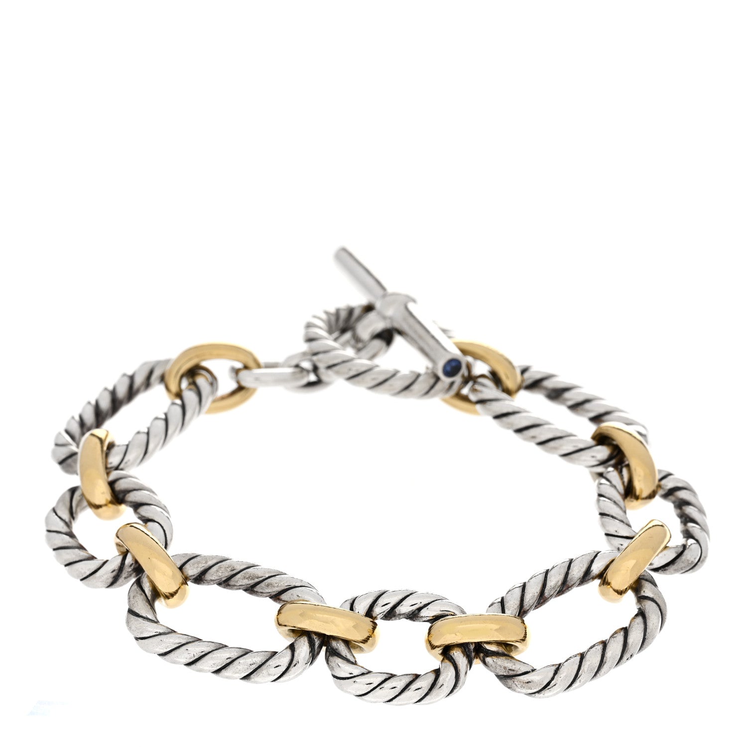 David Yurman Sterling Silver 18K Yellow Gold Blue Sapphire Cushion Link Bracelet 1 of 4