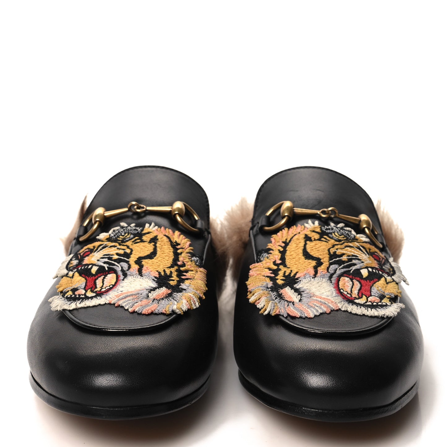 Calfskin Fur Tiger Embroidered Womens Princetown Slippers 38.5 Black