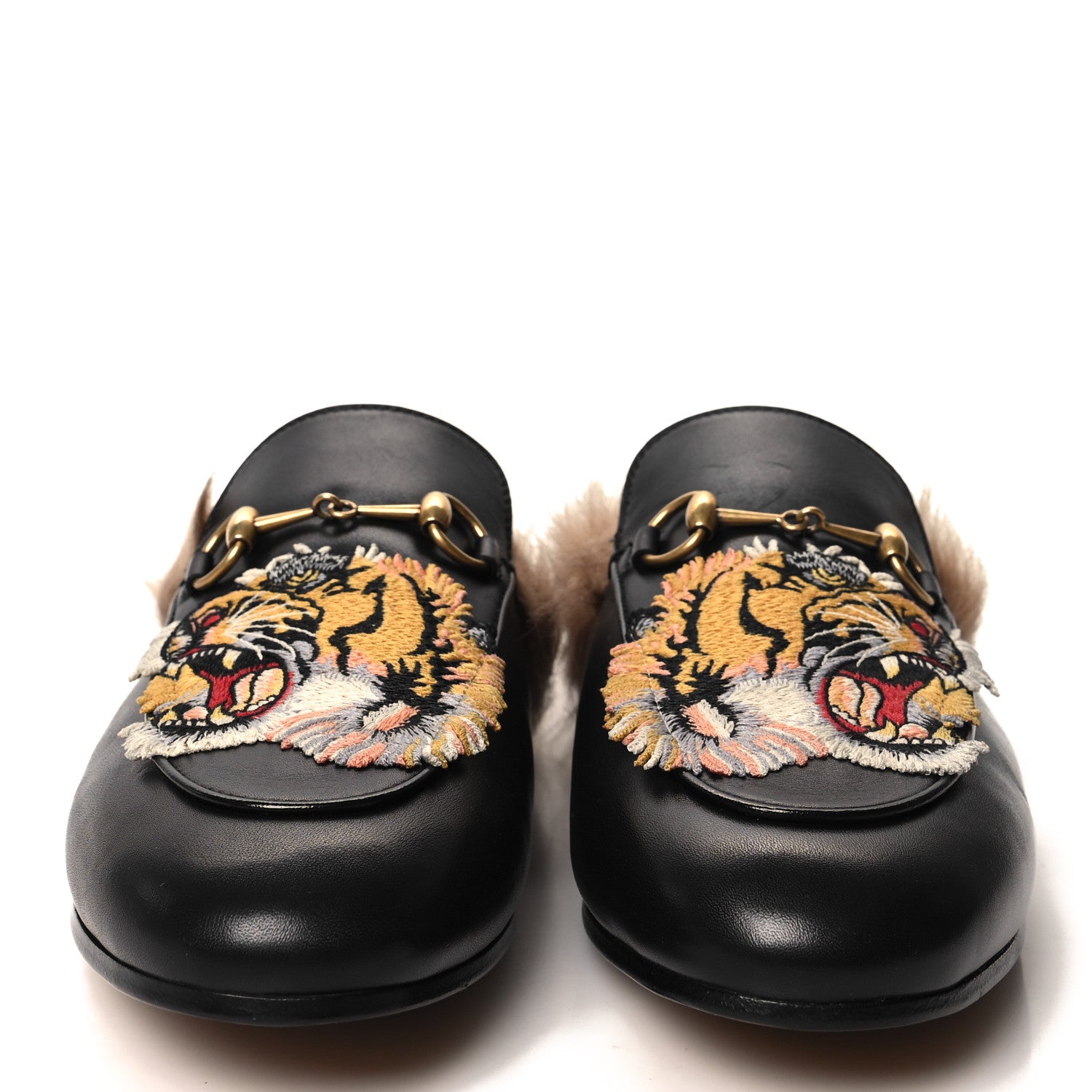 Gucci Calfskin Fur Tiger Embroidered Womens Princetown Slippers 38.5 Black 2 of 8