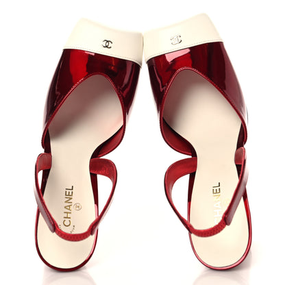 Chanel Laminated Calfskin Lambskin Cap Toe CC Slingback Pumps 39.5 Red Ivory 3 of 20