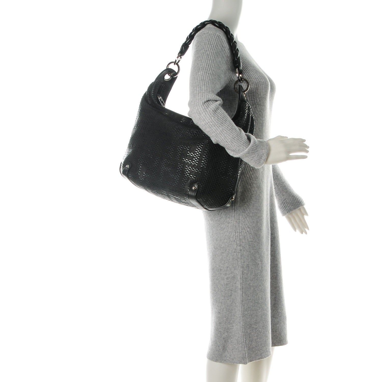 Fendi Leather Zucca Woven Forever Hobo Black 2 of 8