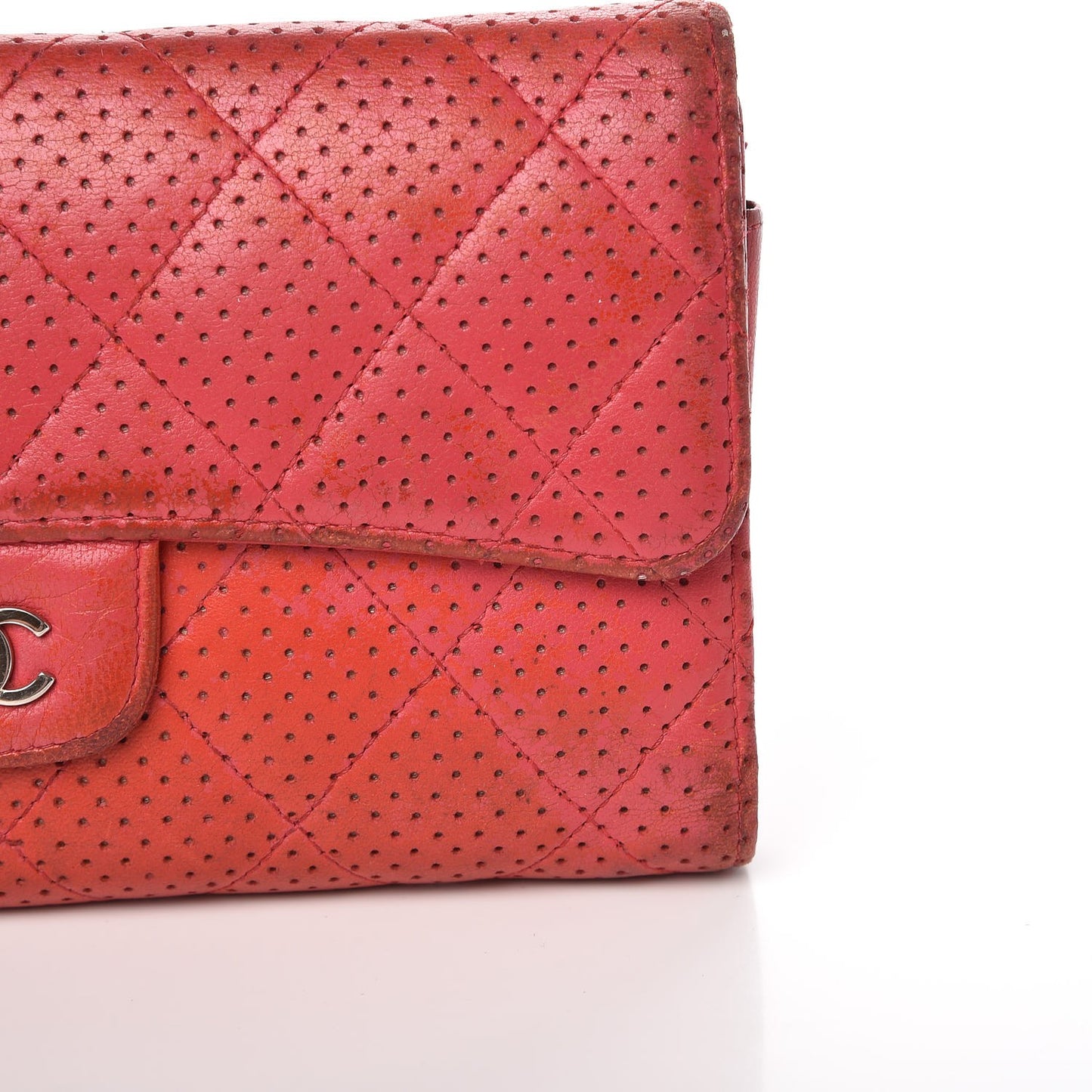 Perforated Lambskin Quilted Flap Wallet Red