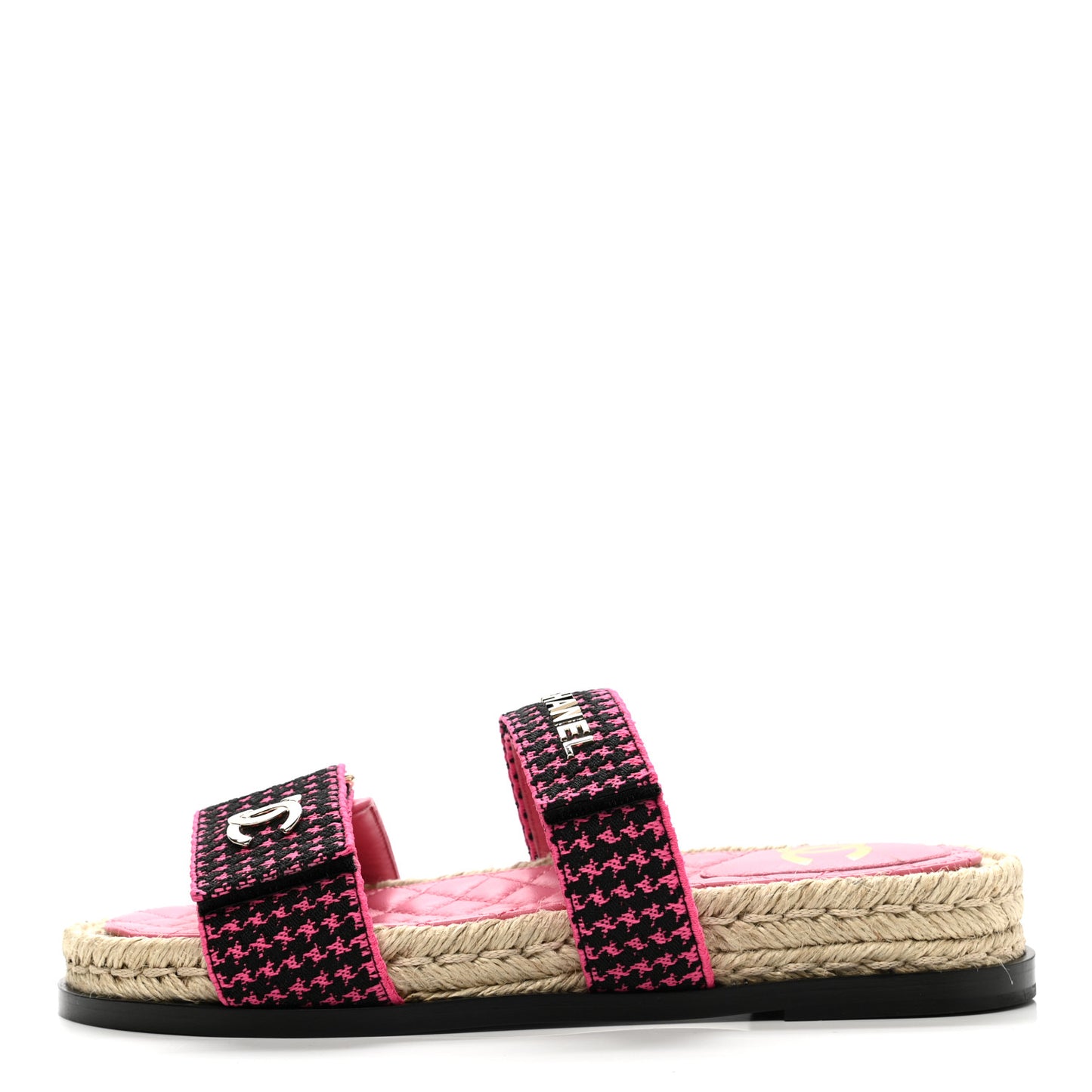Stretch Fabric Lambskin CC Flat Sandals 37 Pink Black