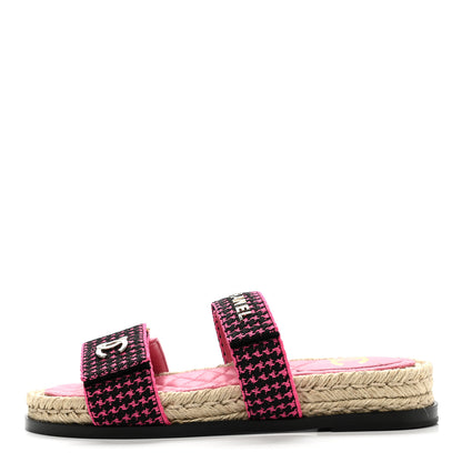 Chanel Stretch Fabric Lambskin CC Flat Sandals 37 Pink Black 1 of 10