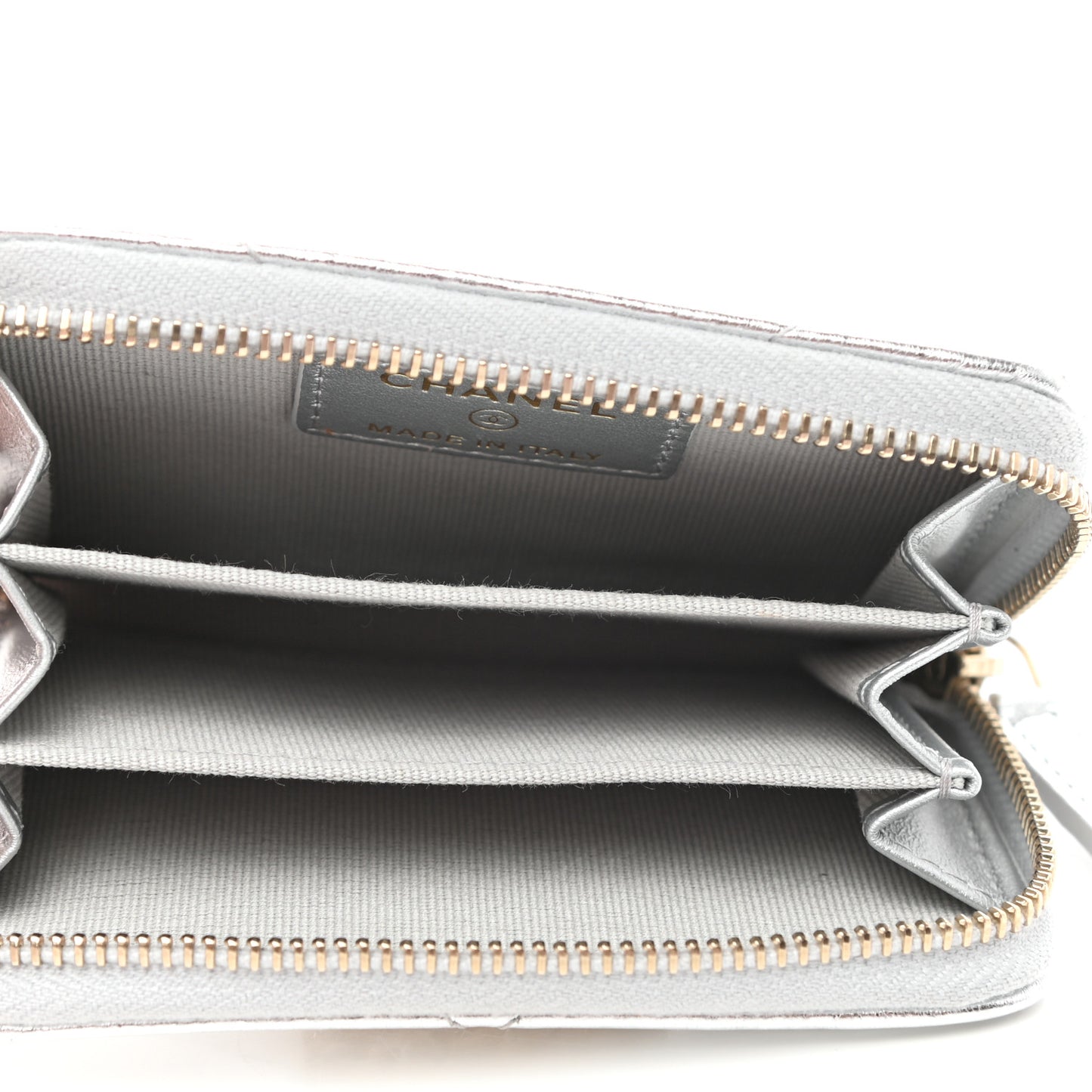 Metallic Lambskin Quilted Chanel 19 Zip Around Coin Purse Wallet Silver