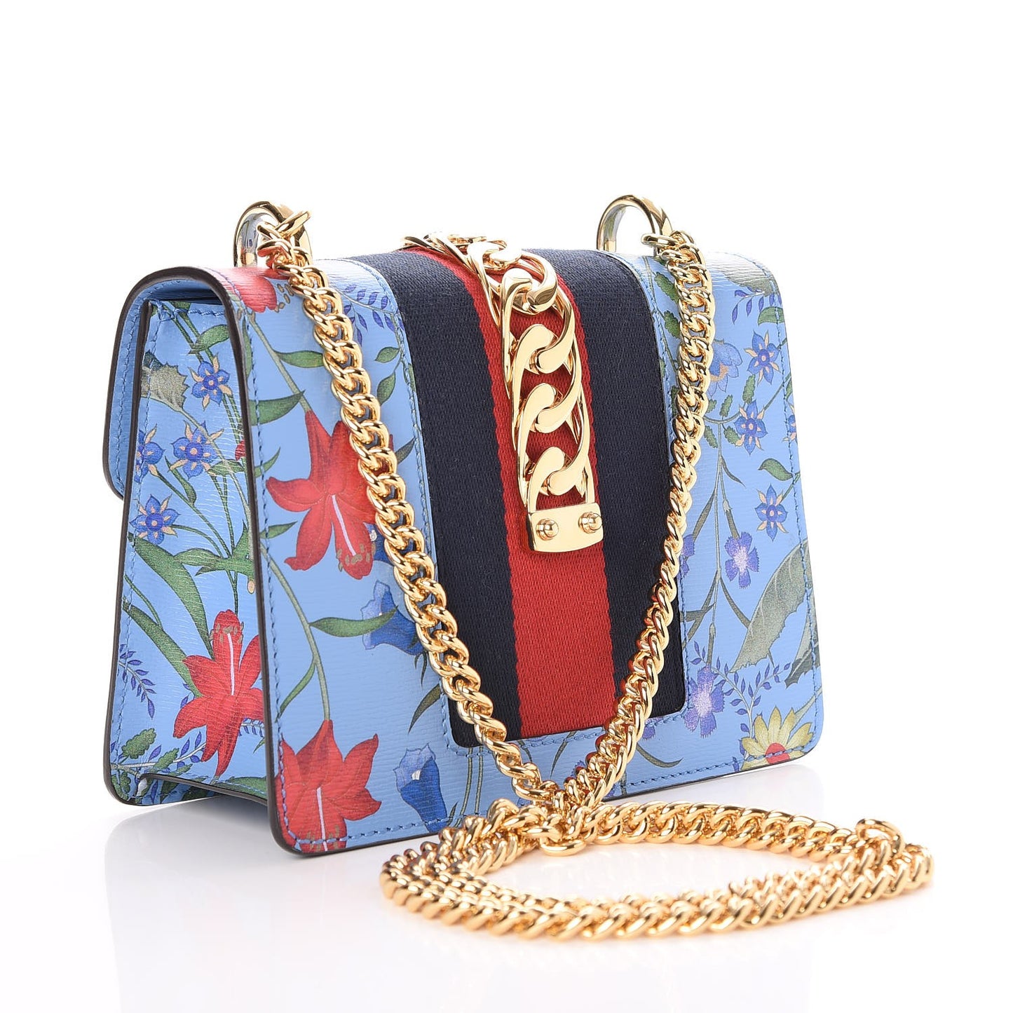Shangai Calfskin Web New Flora Mini Sylvie Chain Shoulder Bag Azure