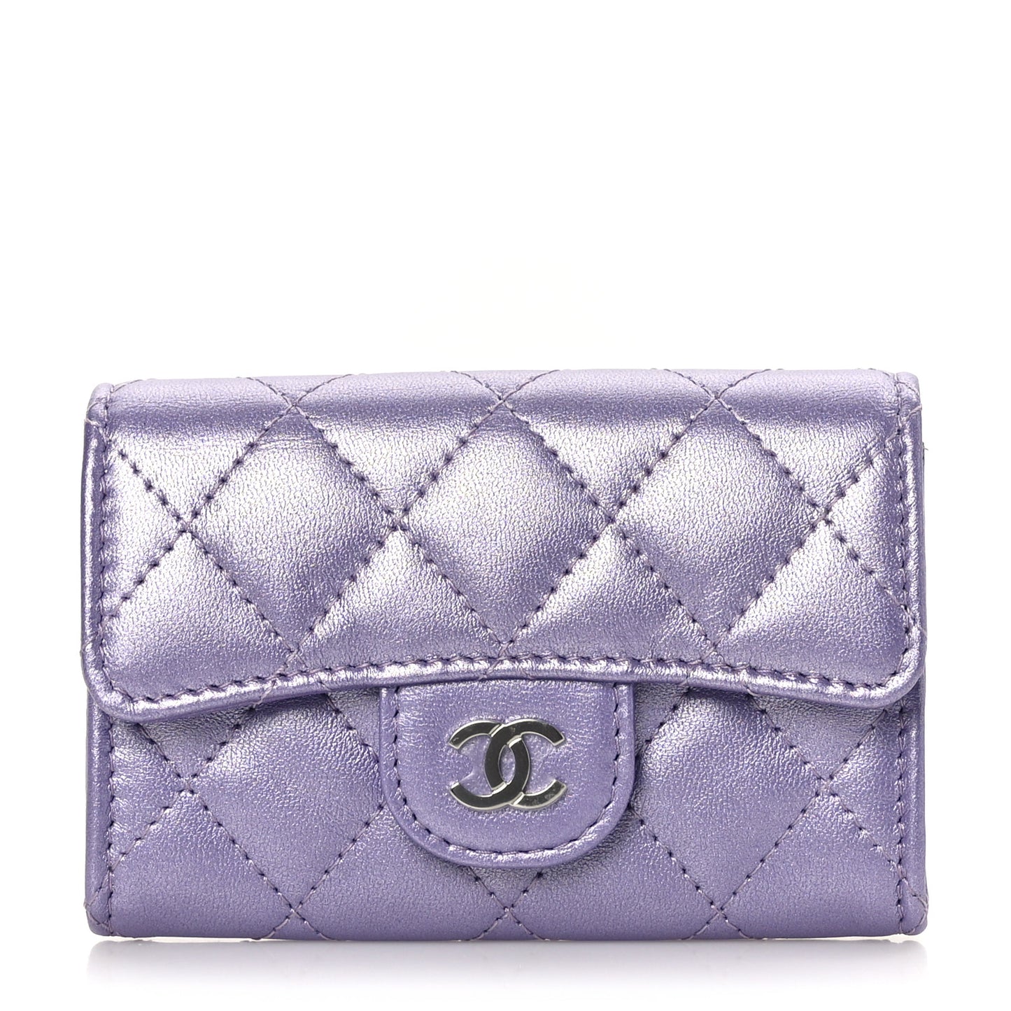 Metallic Lambskin Quilted Flap Card Holder Light Purple