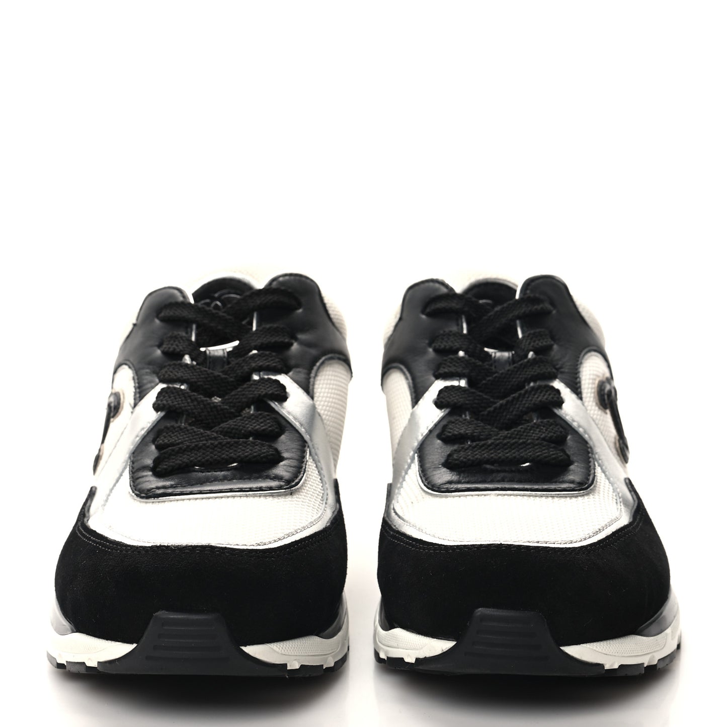 Mesh Suede Calfskin Grained Calfskin Womens CC Sneakers 38.5 Black White Silver