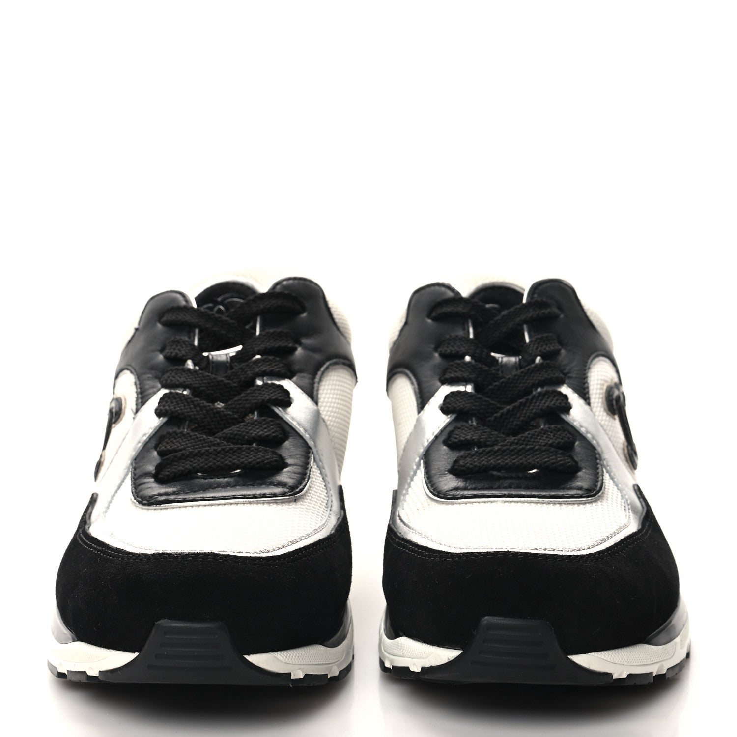 Chanel Mesh Suede Calfskin Grained Calfskin Womens CC Sneakers 38.5 Black White Silver 2 of 8