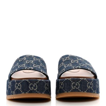 Gucci New Denim GG Monogram Angelina Platform 55mm Slide Sandals 37 Blue Tea 2 of 9