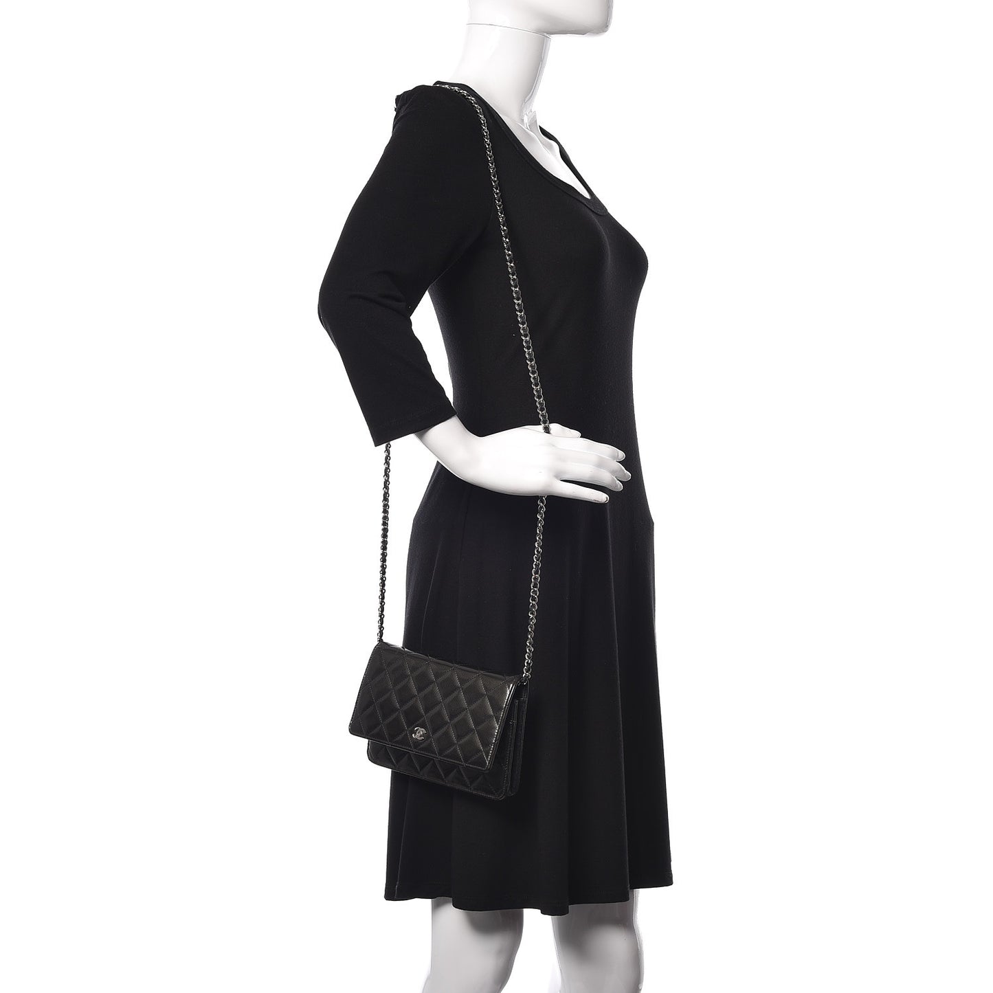 Striated Patent Quilted Wallet on Chain WOC Black