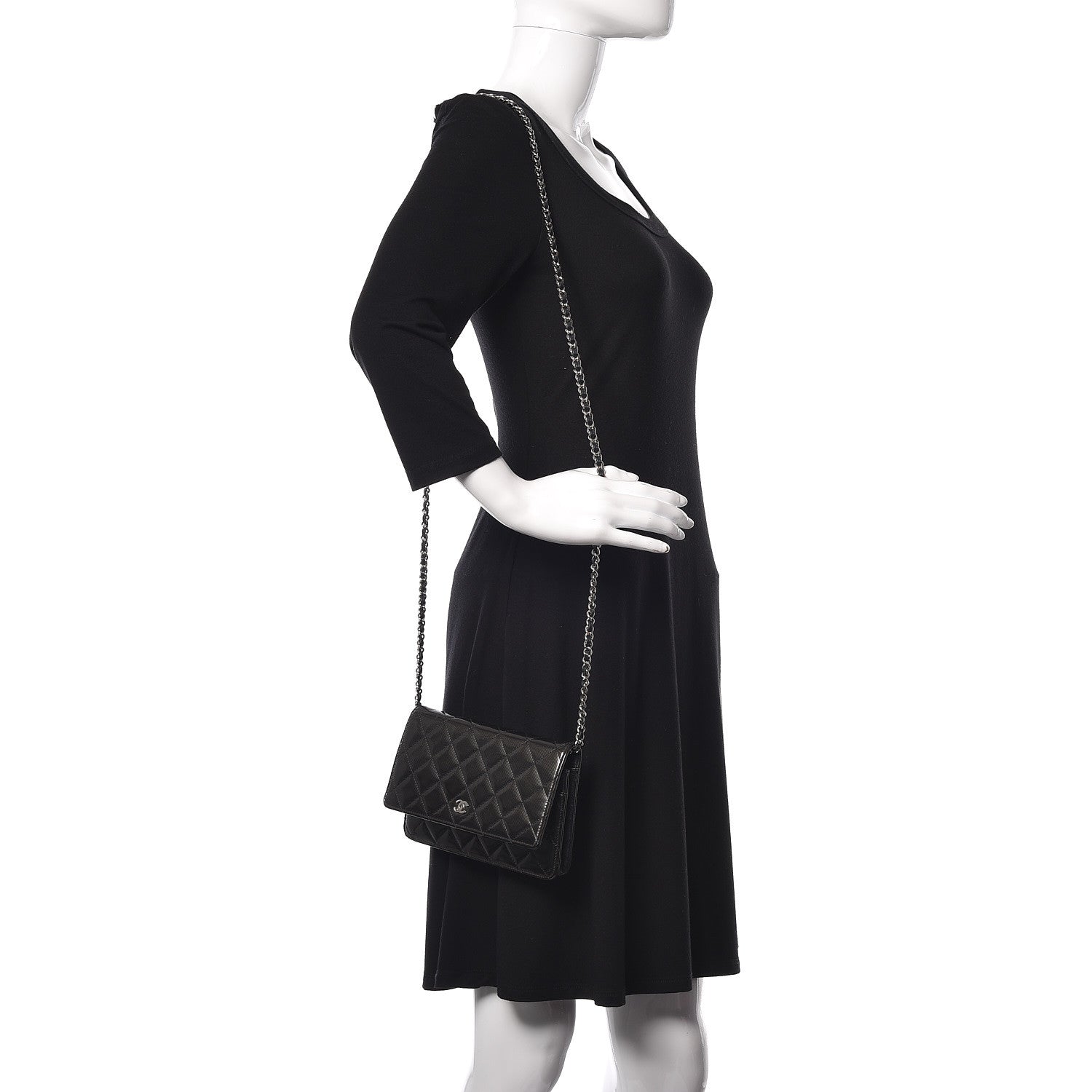 Chanel Striated Patent Quilted Wallet on Chain WOC Black 2 of 16