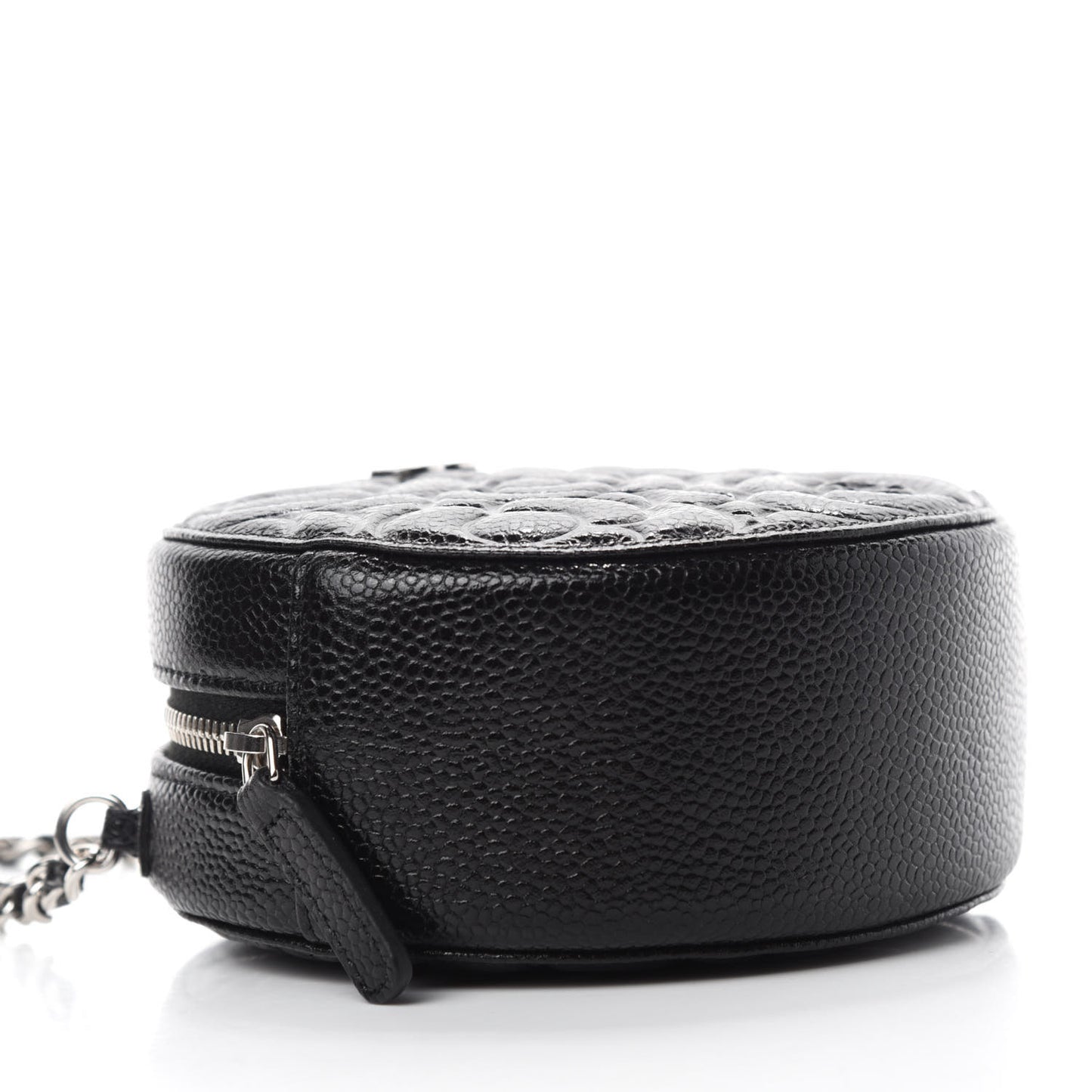 Caviar Camellia Embossed Round Clutch With Chain Black