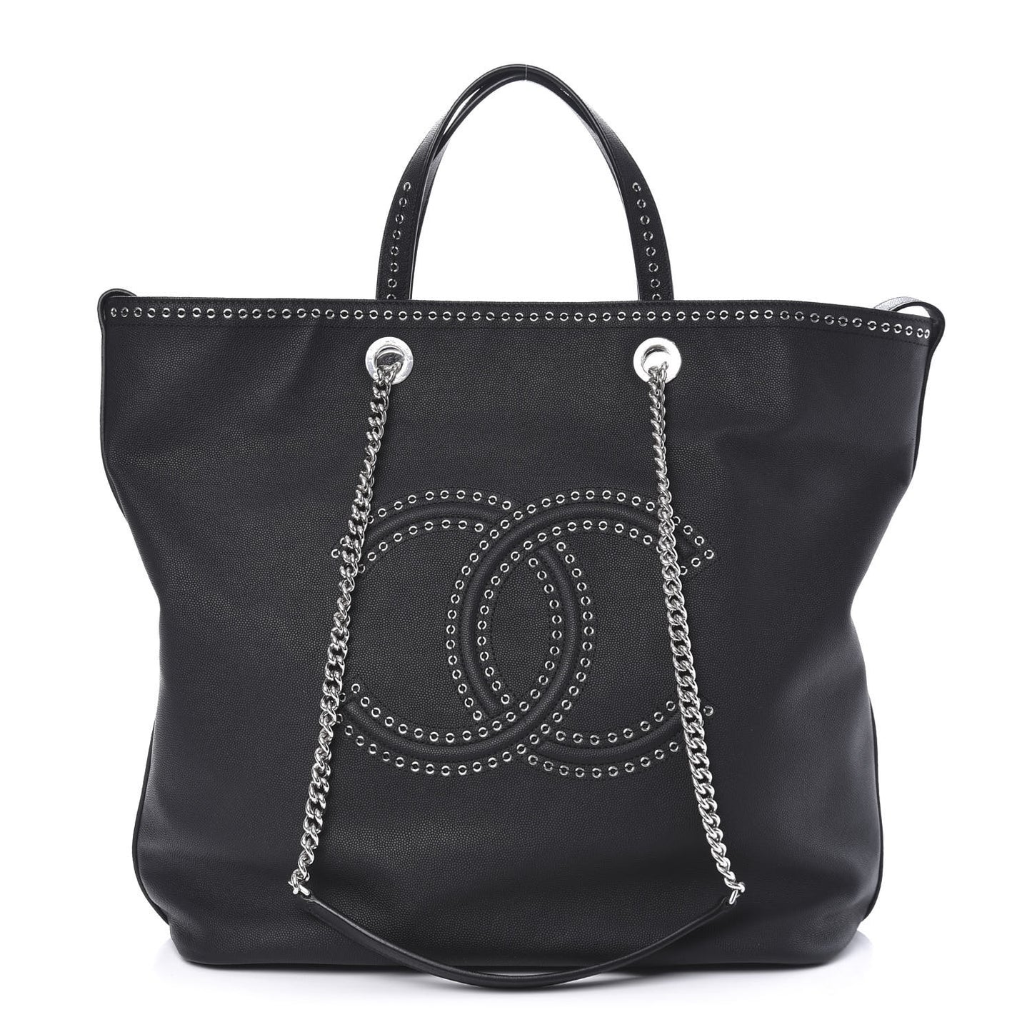 Grained Calfskin Large Coco Eyelets Shopping Tote Black