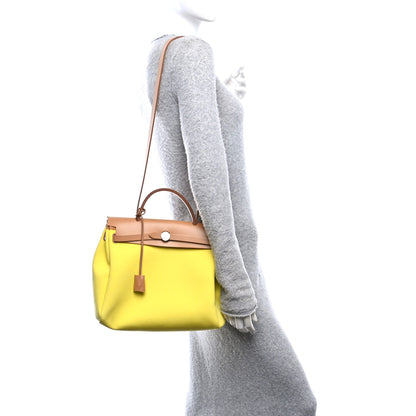 Hermes Military Toile Vache Hunter Herbag Zip Retourne 31 PM Lime Naturel Sable Rouge Garance 2 of 11