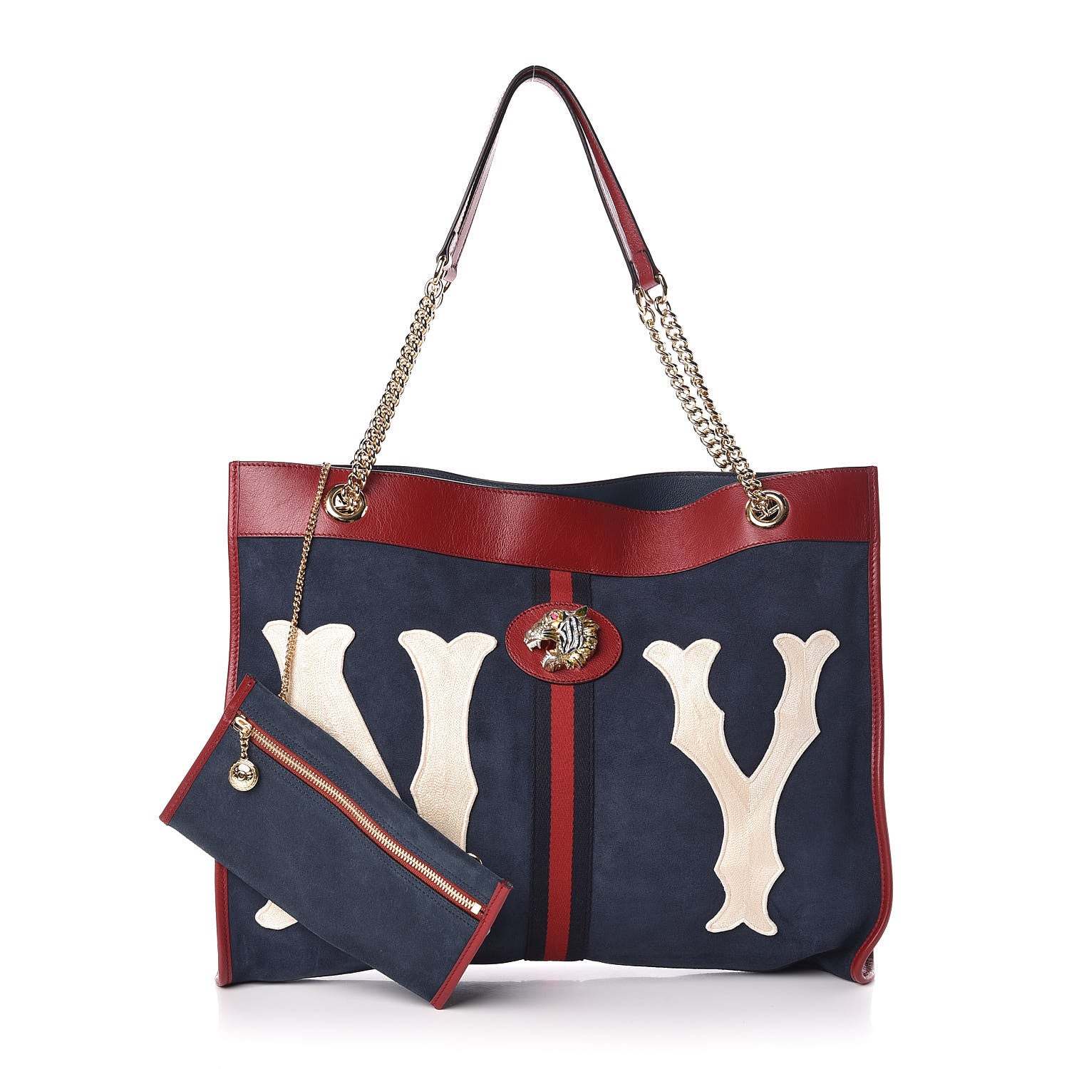 Gucci X MLB Suede Calfskin NY Yankees Large Rajah Chain Tote New Blue Romantic Cherry 1 of 10