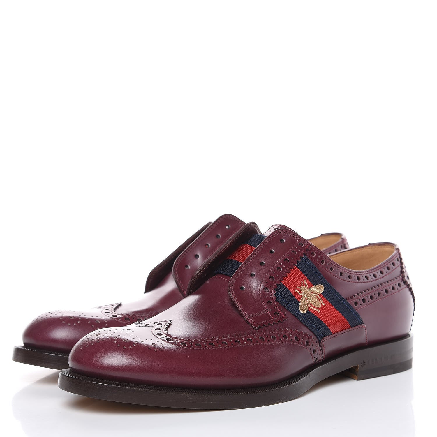 Gucci Calfskin Web Bee Embroidered Mens Slip-On Brogue Wingtip Derby Shoes 7 Bordeaux 3 of 11