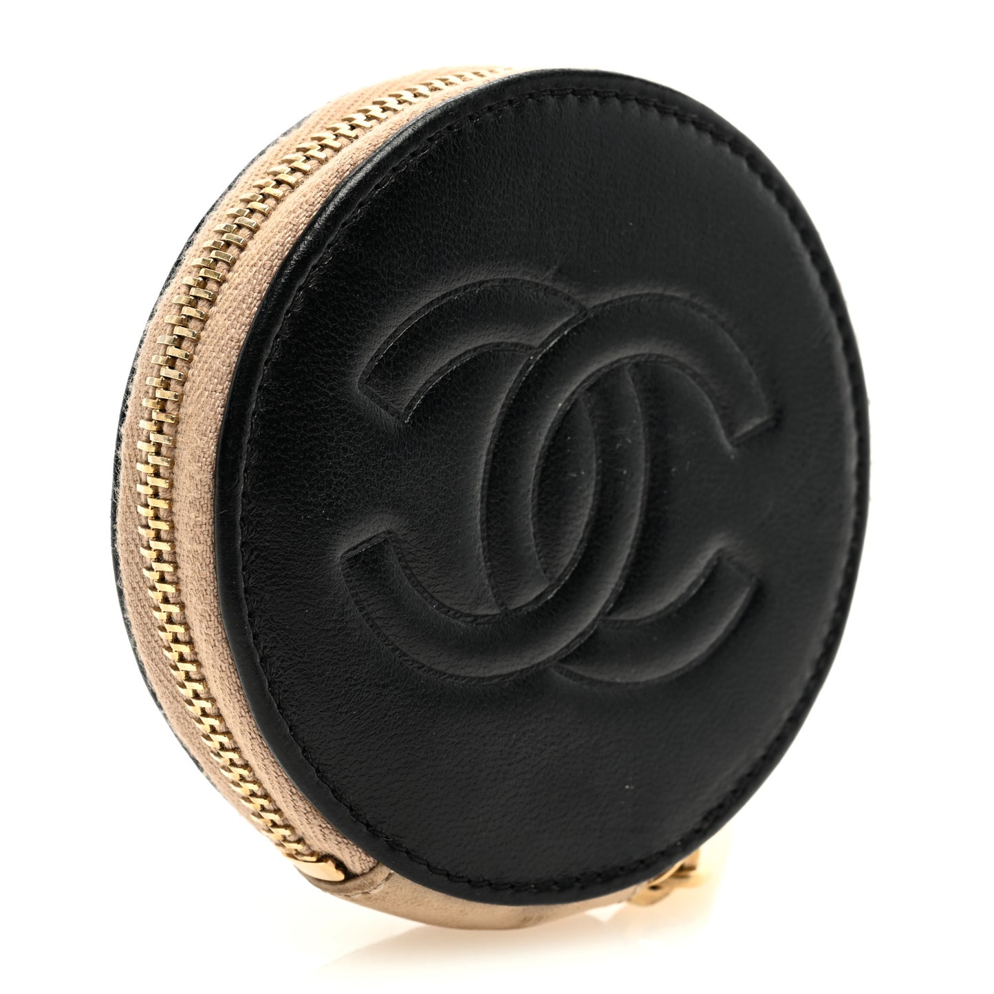 Lambskin Round Camellia CC Coin Purse Black