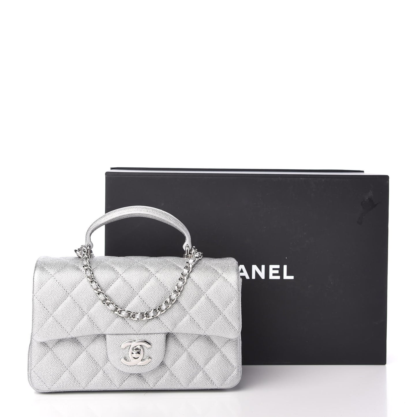 Metallic Caviar Quilted Mini Top Handle Rectangular Flap Silver