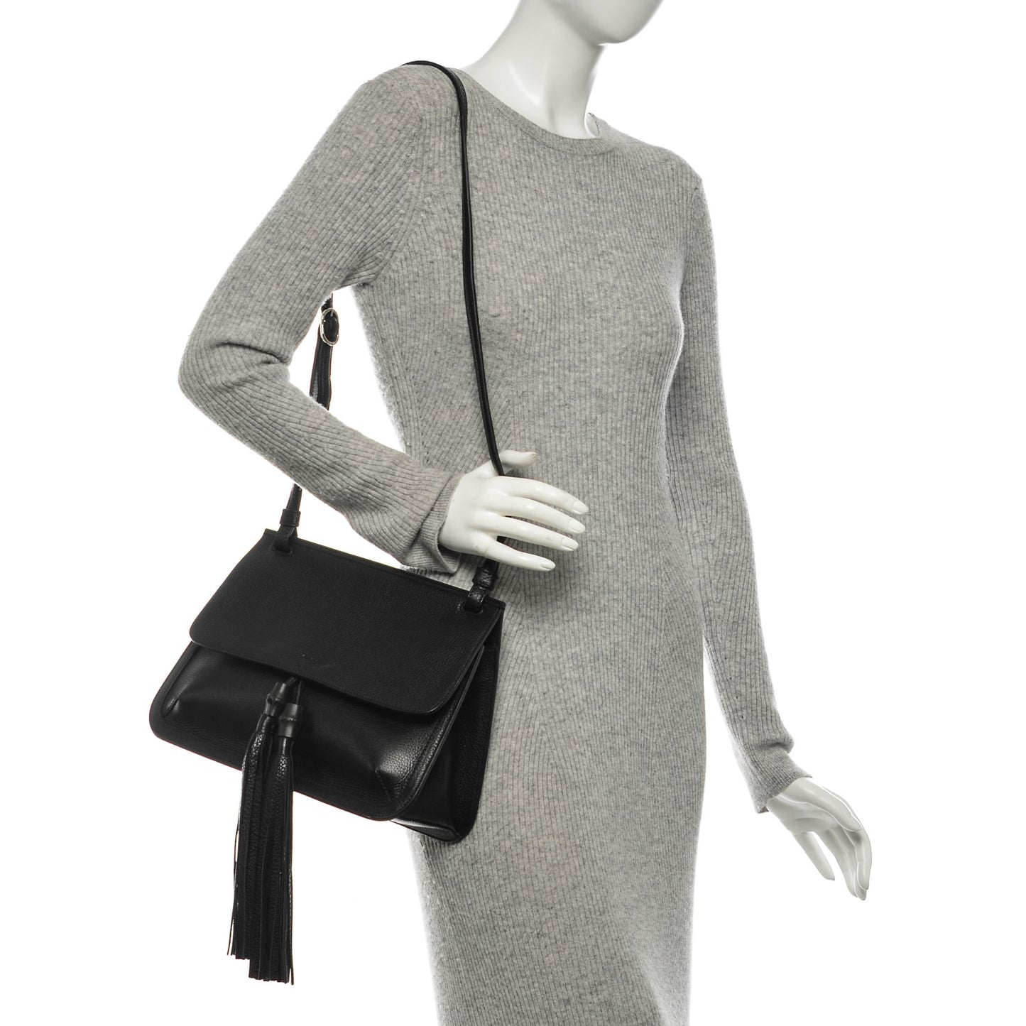 Pebbled Calfskin Medium Bamboo Daily Flap Shoulder Bag Black