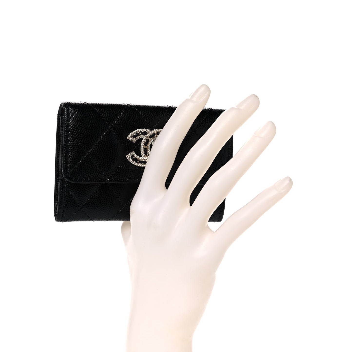 Caviar Quilted Crystal CC Flap Card Holder Black